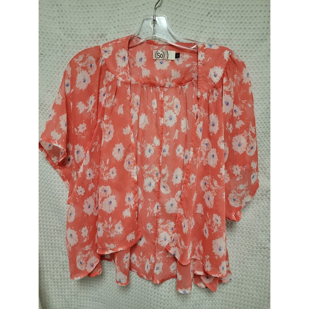 SO brand Semi-sheer over shirt coral W/white floral print.Bohemian,Cottage Core